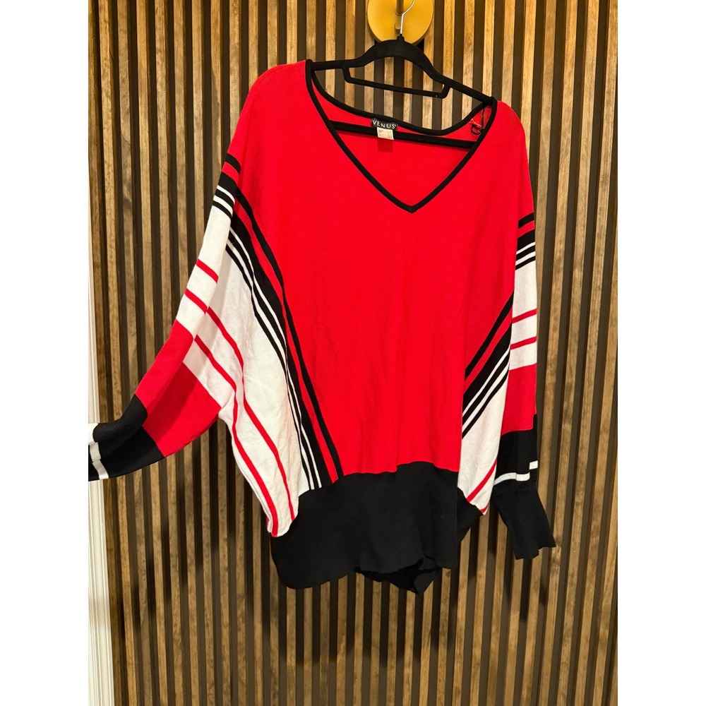 Venus 3X Red Black White‎ Color Block V Neck Long Sleeve Pullover Sweater